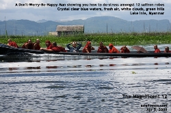 Myanmar. Monks and A Laid-Back Man. Lake Inle. Clean waters. Oct 2008. Noon. Asiahomes.com Travels and Tours